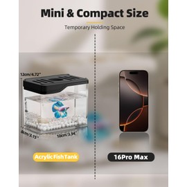 Mini Betta Tank, Small Acrylic Fish Bowl for Temporary Space, Stackable Cube for Fish, Shrimp, Inverts, Black
