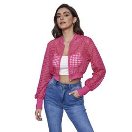 Floerns Women's Sheer Mesh Casual Long Sleeve Zip Up Thin Jacket Hot Pink XL