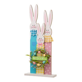 Glitzhome Easter Wooden Bunny Family Standing Porch Sign Decoration, Multiful Color