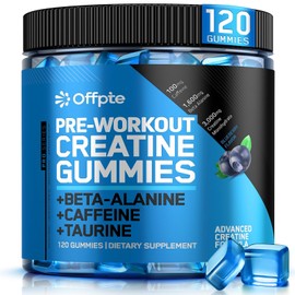 OFFPTE Pre Workout Gummies for Men & Women, PreWorkout with Creatine Monohydrate, Beta-Alanine,Taurine for Strength & Endurance, Energy Chews, Sugar-Free, Vegan, 120 Gummies, Blueberry Flavor