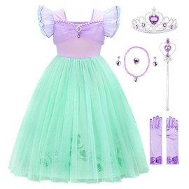 JerrisApparel Little Mermaid Costume For Girls Princess Dress Cosplay Role Play Outfit Accessories (Purple with Accessories, 6-7 Years)