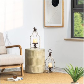 Glitzhome Farmhouse Metal Lanterns Decorative Hanging Candle Lanterns Distressed White Set of 2 (Small)