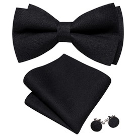 YOHOWA Bow Ties for Men Extra Large Cotton Linen Black Bow Tie Set with Handkerchief Cufflinks Party Wedding Prom