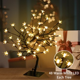 LightsUp Set of 2 Cherry Blossom Tree Lights, 16.2" H Artificial Bonsai Tree with 48 Warm White LED, Prelit Cherry Blossom Lamp for Christmas Home Tabletop Bedroom Holiday Decoration