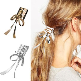 2 PCS Bow Metal Hair Cuffs Fashionable Metal Ponytail Cuffs Butterfly Bowknot Medium Irregular Hair Clips for Low Ponytail Holder (Yellow+Silvery, One size)