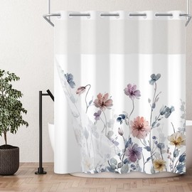 AWERT No Hook Shower Curtain with Snap in Liner Watercolor Floral Shower Curtain and Liner Set Double Layers Waterproof Fabric and See-Through Top Window Bathroom Decorative 71x74inch