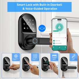Smart keypad Door Lock with Handle，Fingerprint Keyless Entry Digital Lock with Built-in doorbell for Front Door,Bedroom,biometric Door knob,with Gateway Remote APP Control