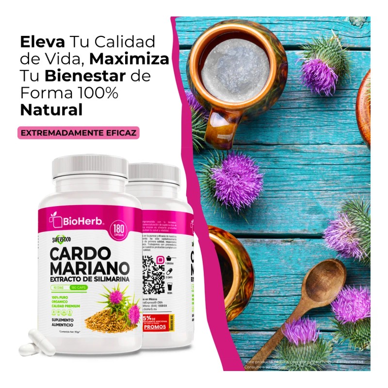 Cardo Mariano 100% Puro Extracto De Silimarina Bioherb 180 Cápsulas