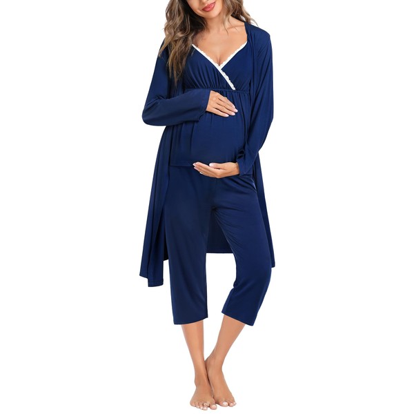 SWOMOG Maternity Nursing Robe Set 3 PCS Breastfeeding Pajamas Set