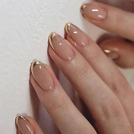 False Nails French Tip - 24pcs Nude Gold Edge Press on Nails - Short Almond Strong Fake Nails with Glue - Full Cover Stick on Nails for Women French Nail Art