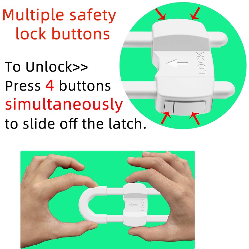 (10 pack white) 4 button Cabinet Locks, U-Shaped Proofing Drawers