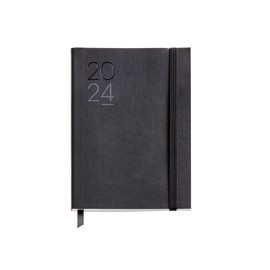 Miquelrius - Annual Planner 2024, Horizontal Week View, Journal Size 122 x 168 mm, Flexible Cover Stitched Leather, Spanish, English and Portuguese, Black