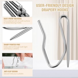 Pack of 58 Heavy Duty Rustproof Metal Curtain Hooks for Pleated Tape Curtains, Rustproof Curtain Hooks Pins for Windows, Doors and Showers, Curtain Hooks Accessories Metal for Rails (3.1 x 1.9 cm)