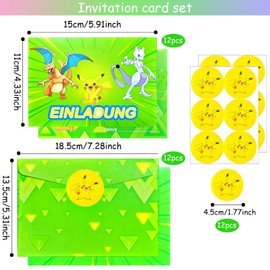 Pack of 12 Cartoon Invitation Cards Children's Birthday, Invitation Cards + Envelopes + Theme Sticker Set, Anime German Birthday Invitation Cards, Invitation Cards Set for Themed Party (Green)