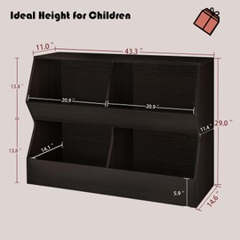 DINZI LVJ Kids Bookshelf, Toy Storage Organizer, Wooden Toy Storage Cabinet, 4 Cubby Children Bookcase, 43.3" L Toddler Book Shelf for Bedroom, Nursery, Hallway, School, Espresso