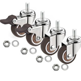 MyyYiTar 1.25" M6x15 Stem Casters Bolt Threaded Wheels,TPR Mute Rubber Swivel Single Caster Screws in Wheel Small with 2 Brake Locks-Brown