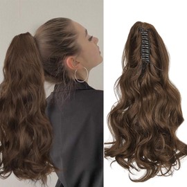 Cybelleza Ponytail Extension Curly Wavy Claw Jaw Pony Tail 18" One Piece Clip in Hair Extensions Ponytail Hairpiece Synthetic Long Natural for Women, Dark Brown & Light Auburn