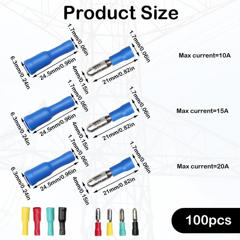100PCS Crimp Connectors,Bullet Connectors 12v Multi-Sizes,Wire Connectors Push Fit without