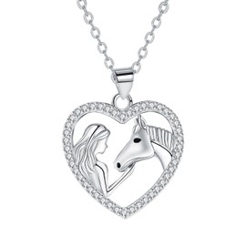 Arrebol Girls' and Horse Necklace Women's Sterling Silver 925 Horse Girl Necklace Heart Pendant with Zirconia Adjustable Chains 45 cm + 5 for Daughter Women Jewellery Gift, Sterling Silver, Cubic