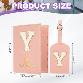 PATIKIL Passport Holder for Travel, Initial Passport Cover and Luggage Tag Set with Alphabet Chenille Letter Patch Travel Wallet Bag Suitcase Identifier for Women Family Travel Pink Y
