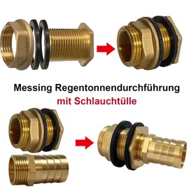 Tank Feed-Through with Spout, Brass Water Butt Feed-Through 3/4 Inch Inner Thread 1 Inch Male Thread + Hose Nozzle 25 mm, Tank Screw Connection Barrel Fitting with 2 Seals for Rain Barrel, Water