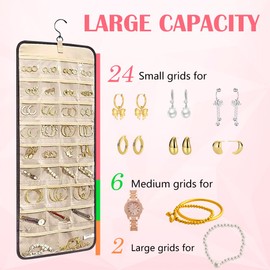 QUMENEY 1PC Hanging Jewelry Organizer Necklace Holder Dual-sided Jewelry Organizer Hanging with Metal Hooks Earring Sunglasses Tie 32 Pockets and 3 Wave-Shaped Hooks on Closet Wall Door Large Black