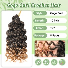 Ainimiu GoGo Curl Crochet Hair 8 Packs Short Curly Crochet Water Wave Braiding Hair Ocean Wave Crochet Hair for Black Women Synthetic Hair Extension (T27, 10inch)