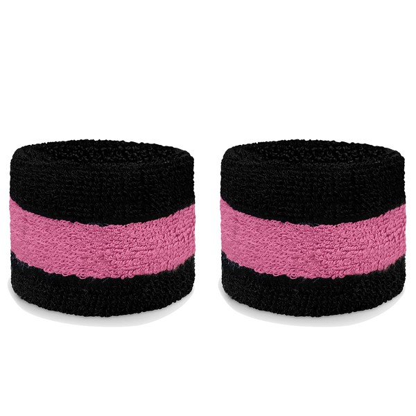 Couver Black/Pink/Black Stripes Sport Wrist Sweatbands Cotton for Sports & More (1 Pair)