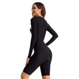 FEOYA Women Long Sleeve Surf Suit One Piece UV Sun Protection Swimsuits Printed Patchwork Knee Length Rash Guard Athletic Surfing Training Swimwear Zipper Summer Beach Bathing Suit