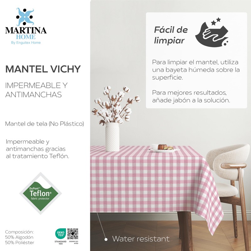 Martina Home TEFLONATED TABLECLOTH MADE Vichy Pink 180X140 CM