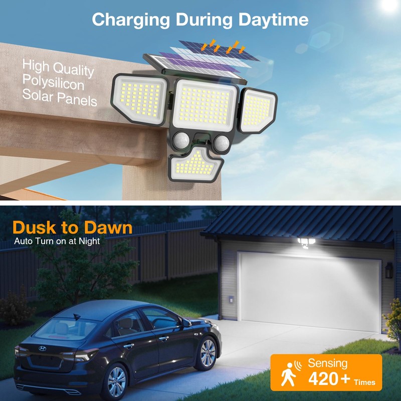 Onforu 3000LM Solar Lights Outdoor, 4 Heads Solar Security Lights