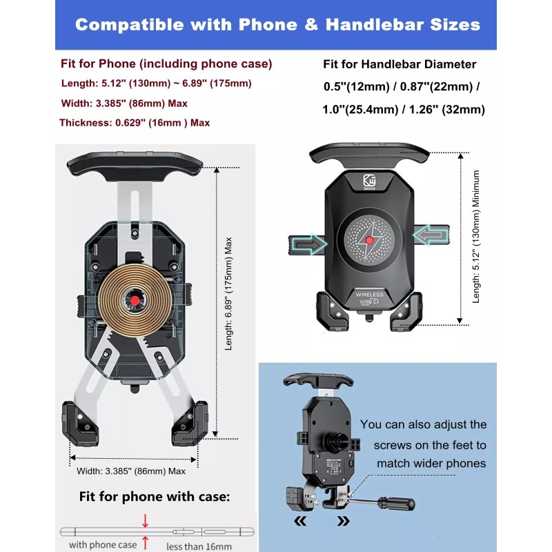 Kewig Waterproof Motorcycle Phone Mount Wireless USB Charging Auto Lock