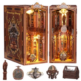 SainSmart Jr. Book Nook Kit - DIY Dollhouse Booknook with LED Light - 3D Wooden Puzzle Miniature House Kits Bookends - DIY Crafts for Adults - Bookshelf Insert Decor - Gifts Family & Friends Age 14+