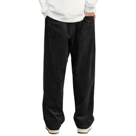 Hidkat Mens Corduroy Casual Pants Fashion Loose Fit Wide Leg Pants Straight Sweatpants Elastic Waist Drawstring Black