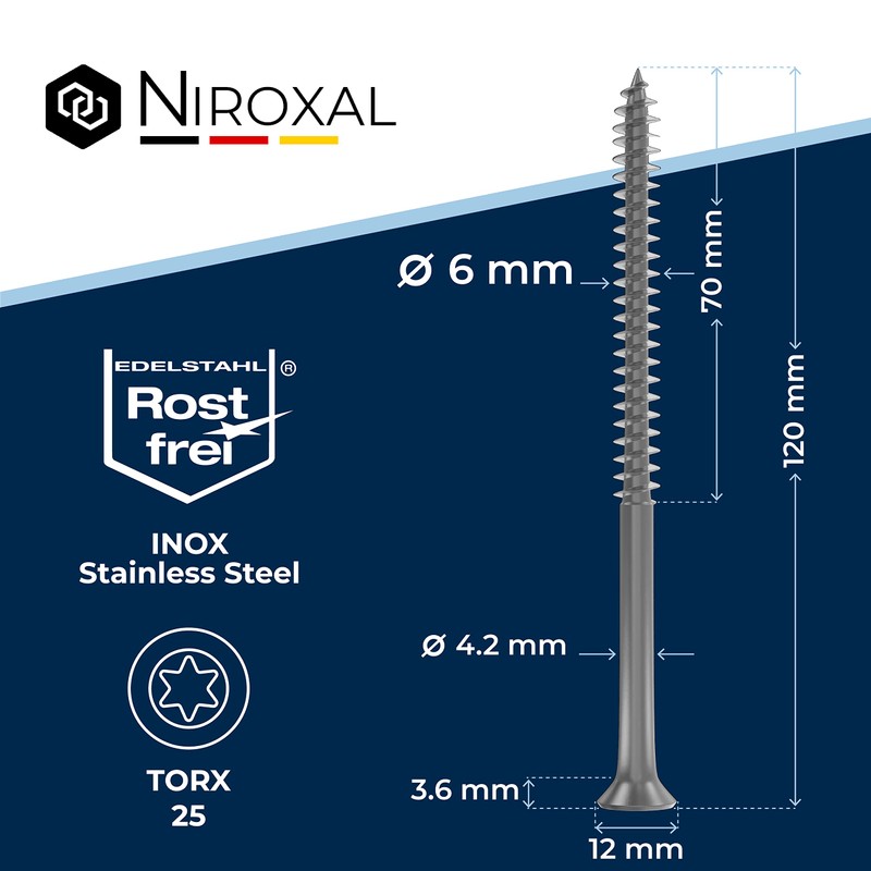 Stainless steel TORX countersunk head screw made of V2A 6-mm