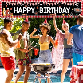 BBQ Birthday Party Decorations Large BBQ Happy Birthday Banner Picnic Birthday Yard Banner Red Gingham Backdrop for BBQ Birthday Baby Shower Barbecue Party Supplies Yard Outdoor 118 x 23.6 Inch
