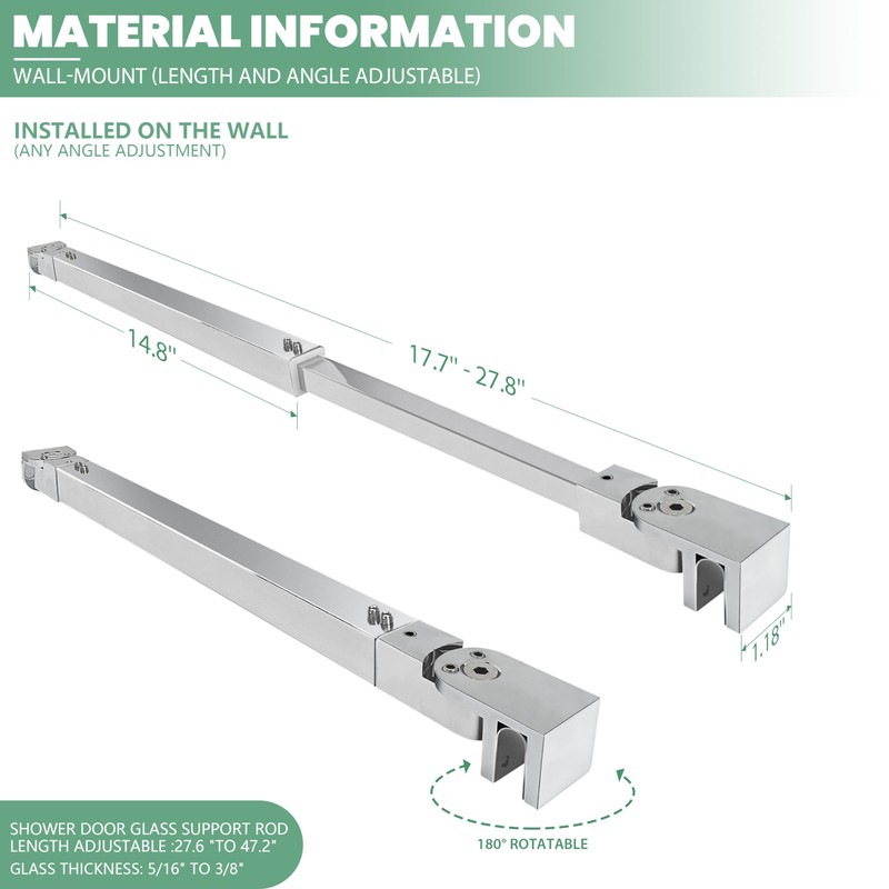 Shower Door Support Bar, Wall-to-Glass Support Arm 450-700mm Long to