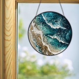 JUNWALL Sea Wave Acrylic Window Hanging, Ocean Waves Stained Acrylic Window Decor Hanging Ornaments Indoor Outdoor Garden Stained Art Panel Gift for Women Christmas Thanksgiving