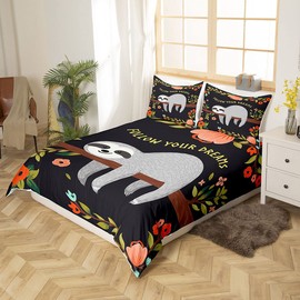 Duvet Cover Set, 135 x 200 cm, Cute Cartoon Sloth, Bedding Set for Children, Girls, Boys, Soft, Beautiful Animal, Plant, Flower Motifs, 1 Pillowcase