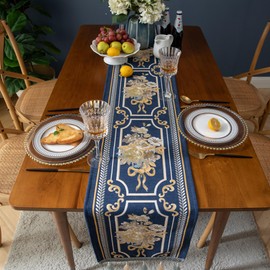 Embroidery Luxury Table Runner, Long Blue Dining Table Runner, Elegant Jacquard Dresser Scarf with Multi-Tassels for Dining Room Party Banquet Table Decor, 14x102inch