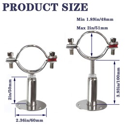 2" Stainless Steel Wall Mount Ceiling Mount Pipe Support，Adjustable Pipe Bracket Clamp Comes with Screws and Expansion Tube fit for Pipe, Tube or Rod Fixing（2pack） (2)
