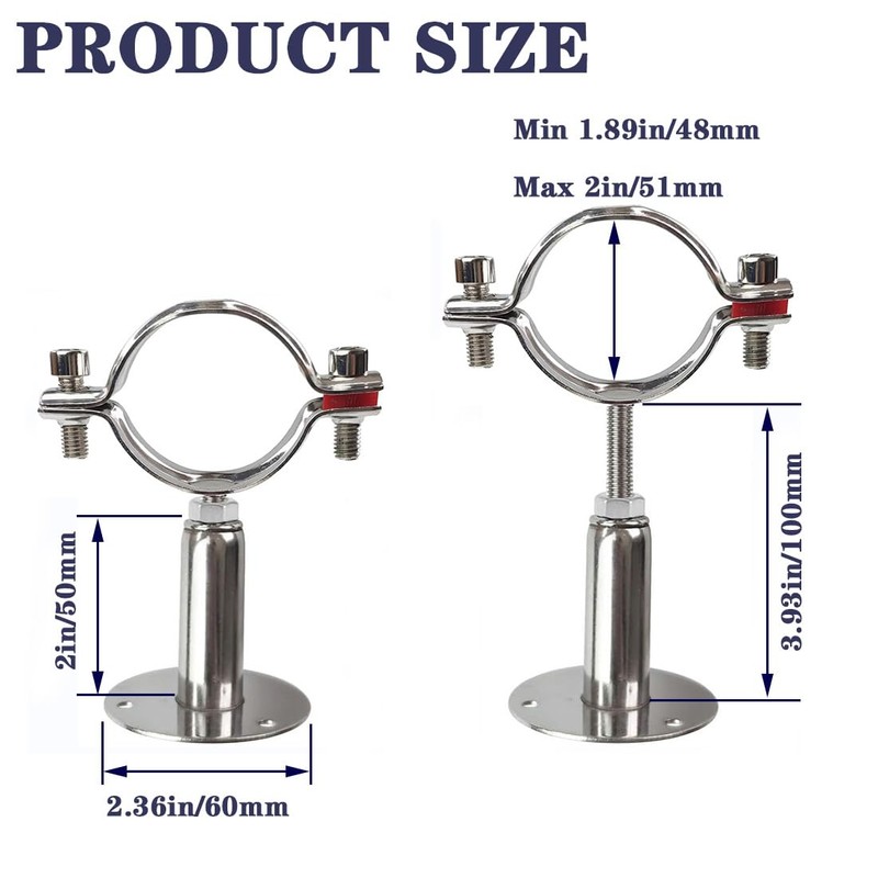 2" Stainless Steel Wall Mount Ceiling Mount Pipe Support，Adjustable Pipe