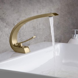 Homary 1-Handle Bathroom Sink Faucet with Pop Up Drain One Hole Deck Mount Curved Lavatory Faucet Mixer, Solid Brass (Brushed Gold)