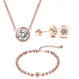 Mixiueuro Women Girls Cubic Zirconia Bezel Jewellery Sets 14k Rose Gold Plated Stainless Steel Cubic Zirconia B ezel Pendant Necklace Stud Earrings And Bead Bracelets Minimalist Style Nickel Free