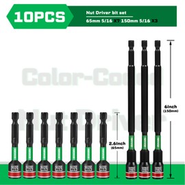 Geinxurn Impact Nut Driver Set, 10 Pieces 2.56”6”Long 5/16”6 Point Alloy Steel Magnetic SAE Nut Setter Set Use For Require Installing 1/4 Hex Shank Impact Driver with Case Box