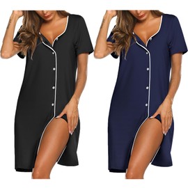 Ekouaer 2 Pack Nightshirt Button Up Nursing Nightgown Short Sleeve Pajama Dress Black/Navy Blue