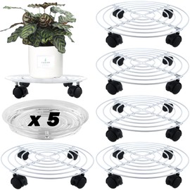 5 Packs Large Metal Plant Caddy with Wheels 13.8" Heavy-duty Iron Rolling Plant Stands with Casters Wheeled Plant Dolly Roller Movers Indoor Outdoor, White