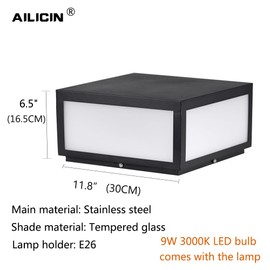 AILICIN Outdoor Modern Stainless Steel Post Light, LED Fence Deck Cap Light Lantern Column Lamp for Flat Surface Patio Garden Decoration with IP54 Waterproof E26 Bulb (W11.8*H6.5 110V)