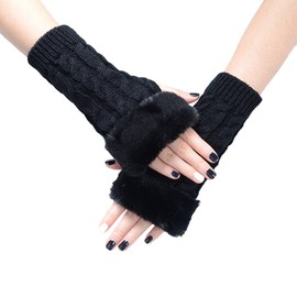 SUNTRADE Women Knit Fingerless Gloves, Arm Warmers with Faux Fur, Winter Fingerless Wrist Warmer Mittens (Black)