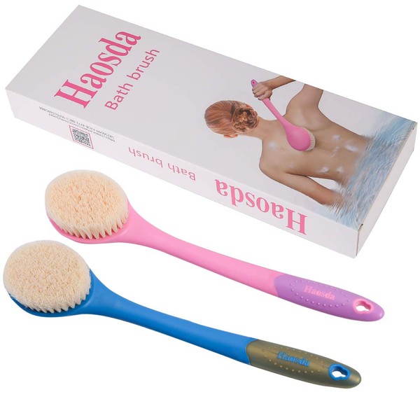 Cepillo corporal de baño con mango largo para la espalda, cepillo de limpieza húmedo o seco, cepillo de ducha (rosa y azul)